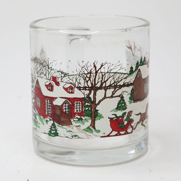 Vintage Libbey Winter Village Glass Coffee Christmas Mug Pine Trees Red Barn 90s - Picture 3 of 8